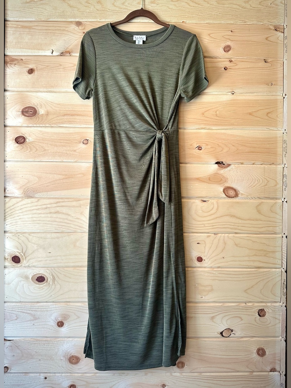 Nicole Miller New York Olive Green Heathered Slub Knit Knot Twist Midi Dress S